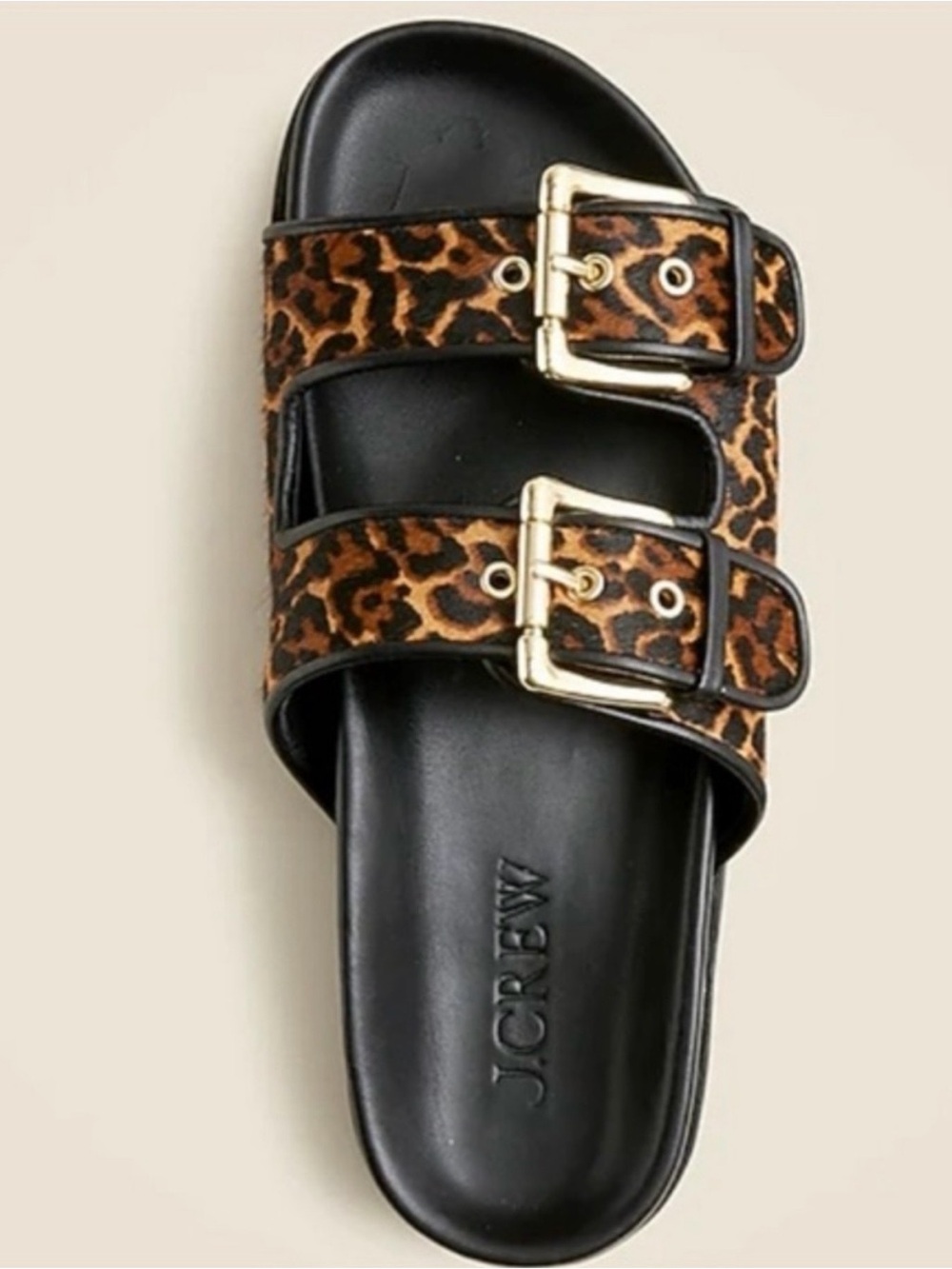 J. Crew Leopard Calf Hair Buckle Slide Sandals - Brown/Black/Gold in Size 9